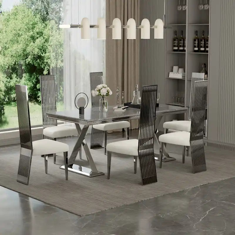 White Boucle and Silver Dining Chairs with Mirrored Silver Vertical Metal Tube Back