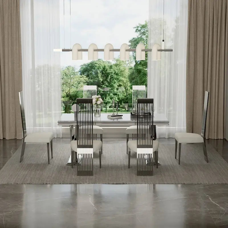 White Boucle and Silver Dining Chairs with Mirrored Silver Vertical Metal Tube Back