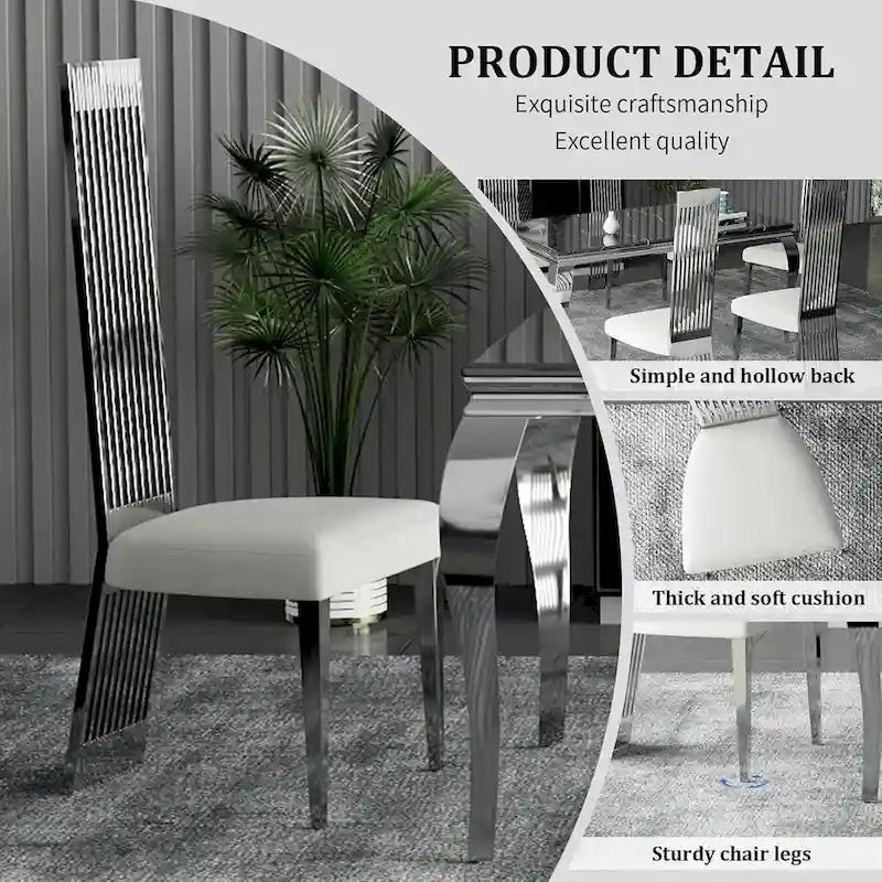 White Boucle and Silver Dining Chairs with Mirrored Silver Vertical Metal Tube Back