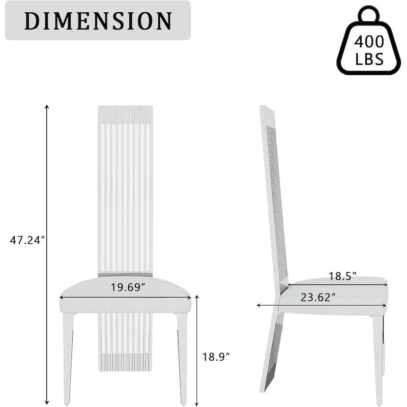 White Boucle and Silver Dining Chairs with Mirrored Silver Vertical Metal Tube Back