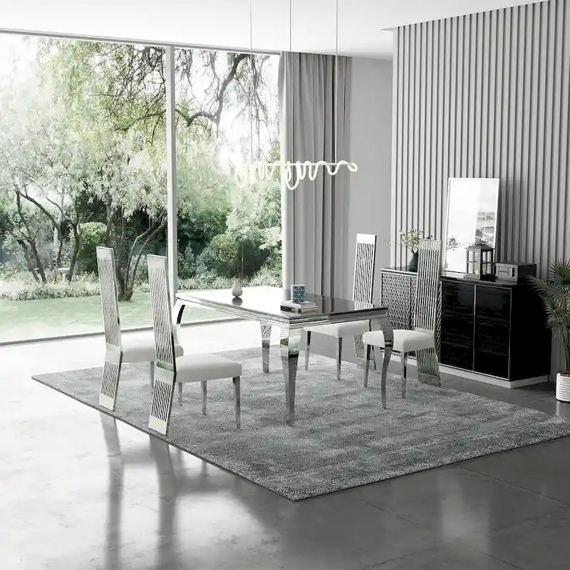 White Boucle and Silver Dining Chairs with Mirrored Silver Vertical Metal Tube Back