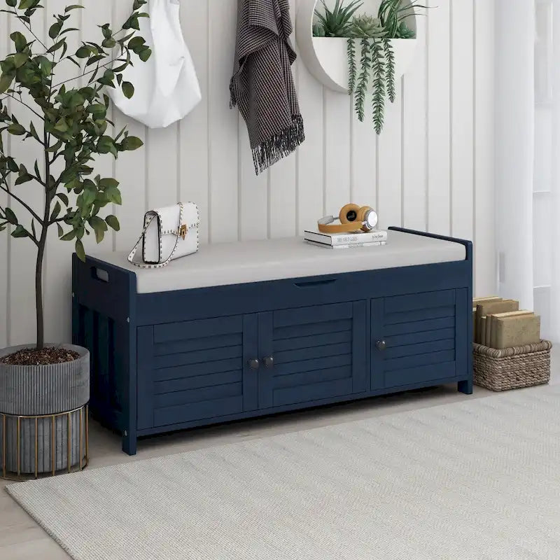 3 Doors Storage Bench with Removable Cushion and Hidden Storage Space