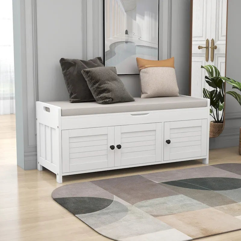 3 Doors Storage Bench with Removable Cushion and Hidden Storage Space