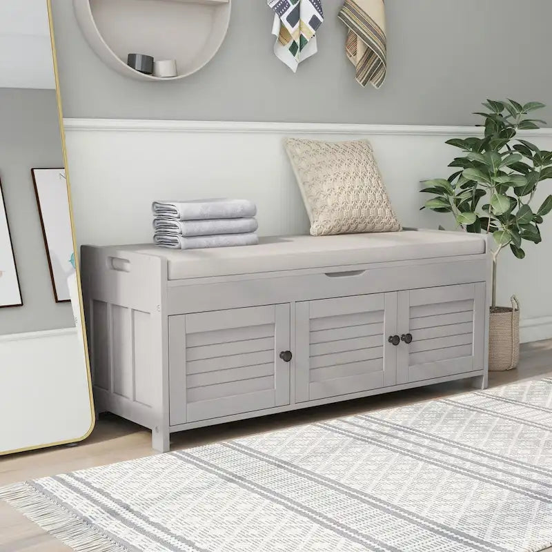 3 Doors Storage Bench with Removable Cushion and Hidden Storage Space
