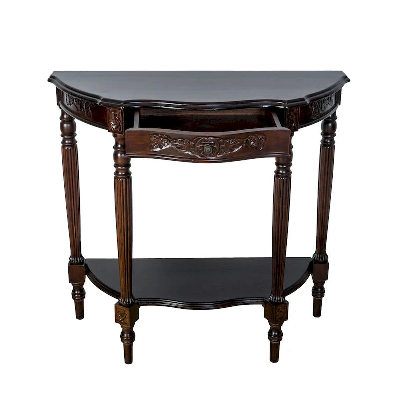 Half Crescent Moon Shape Engraved Wooden Console Table with 1 Drawer,Brown