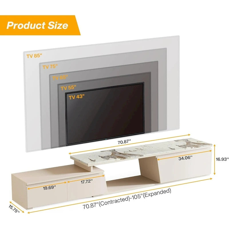 70.9  W - 105  W Extendable TV Stand, Extra Long Modern Entertainment Center with 3 Drawers