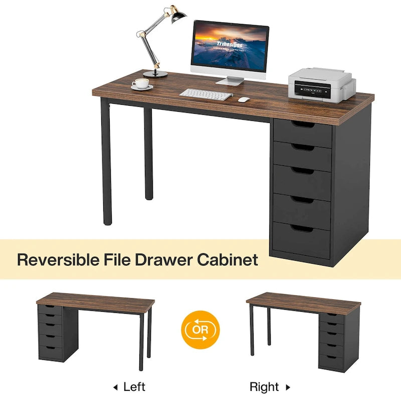 47 inch Computer Wood Desk Office Desks with 5-Drawer, Writing Desk with Metal Frame for Bedroom Study