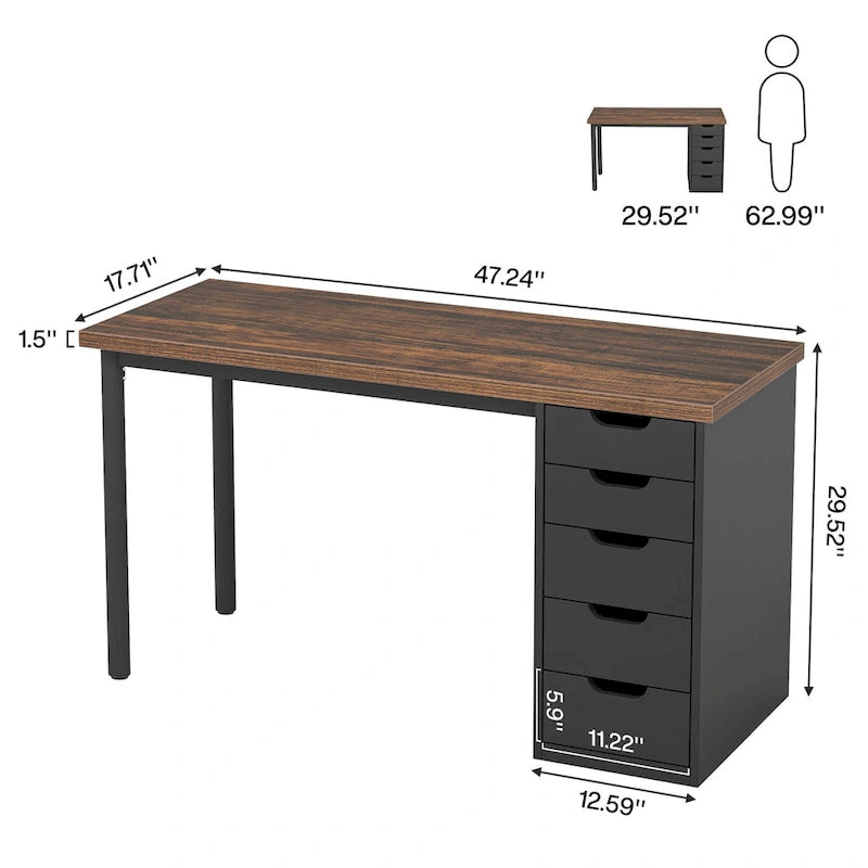 47 inch Computer Wood Desk Office Desks with 5-Drawer, Writing Desk with Metal Frame for Bedroom Study