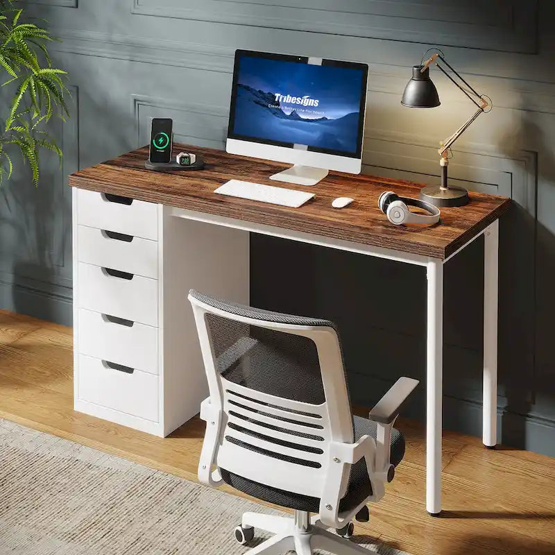 47 inch Computer Wood Desk Office Desks with 5-Drawer, Writing Desk with Metal Frame for Bedroom Study