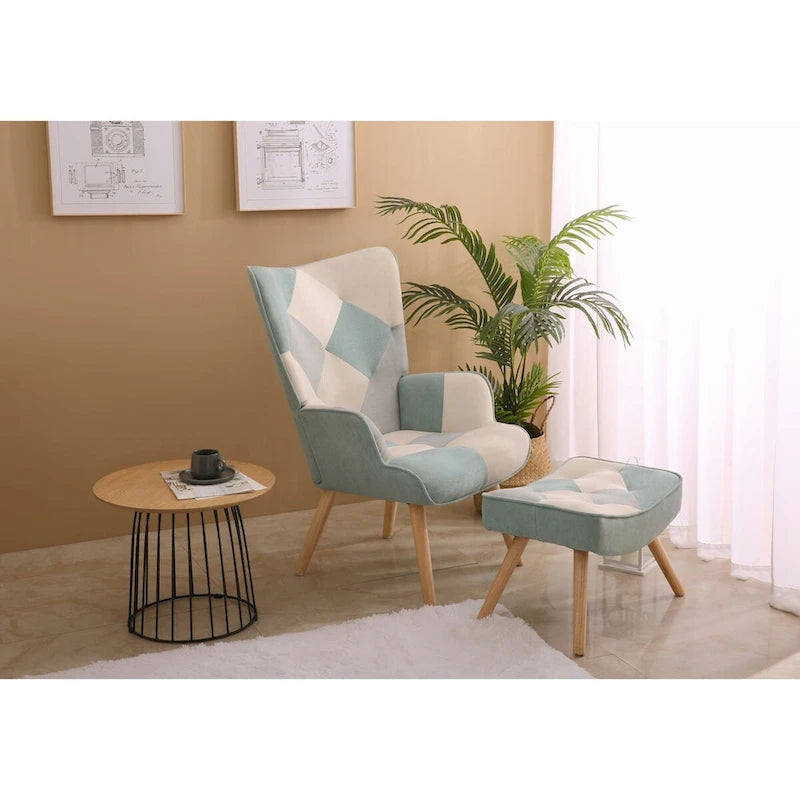 Accent Chair with Ottoman, Living Room Chair and Ottoman Set, Comfy Side Armchair for Bedroom, Creative Splicing Cloth Surface