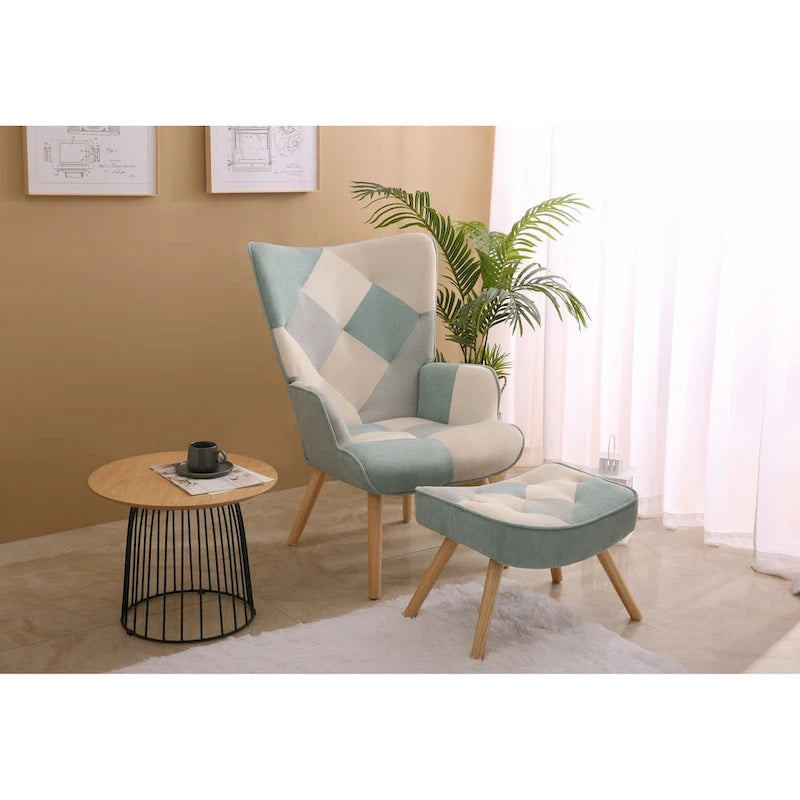 Accent Chair with Ottoman, Living Room Chair and Ottoman Set, Comfy Side Armchair for Bedroom, Creative Splicing Cloth Surface