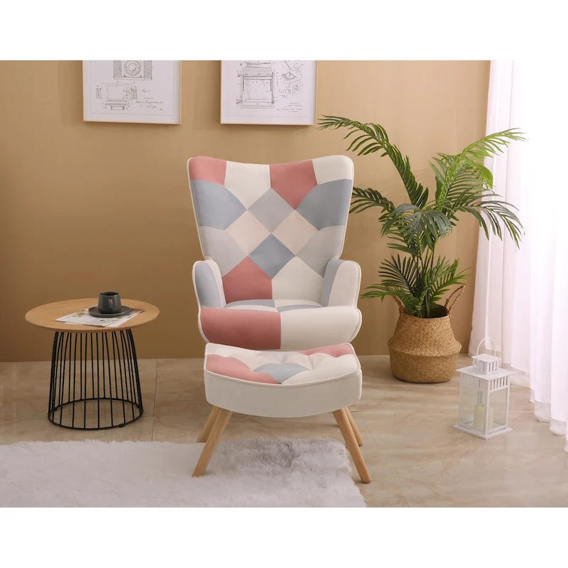 Accent Chair with Ottoman, Living Room Chair and Ottoman Set, Comfy Side Armchair for Bedroom, Creative Splicing Cloth Surface