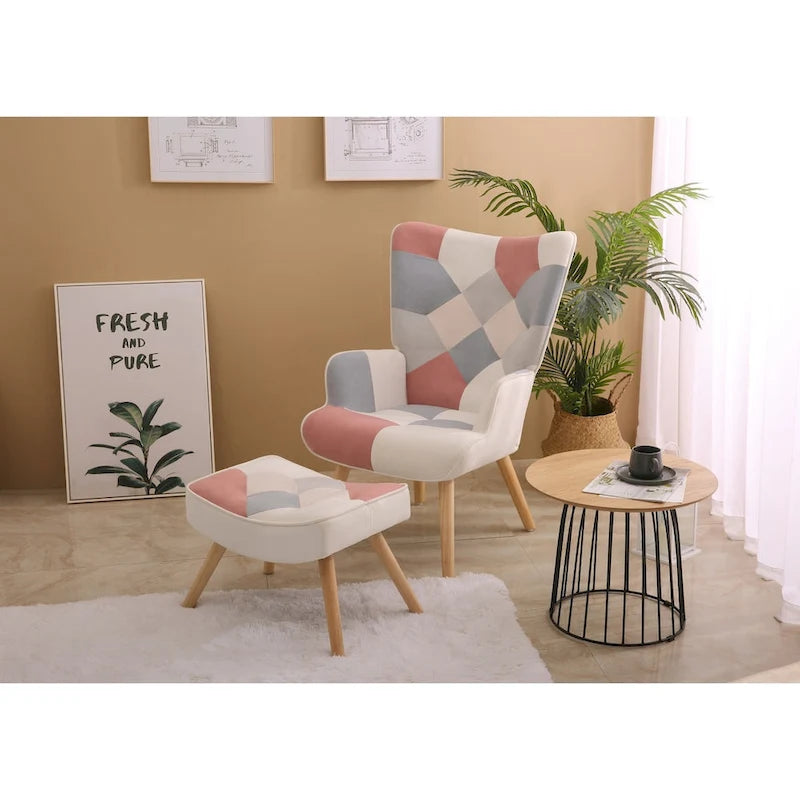 Accent Chair with Ottoman, Living Room Chair and Ottoman Set, Comfy Side Armchair for Bedroom, Creative Splicing Cloth Surface