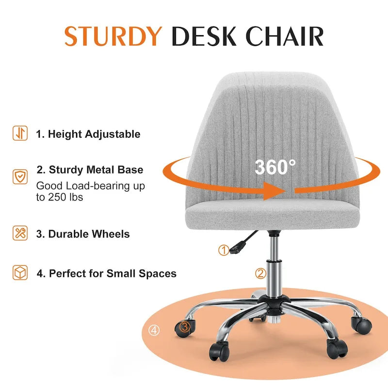 Armless Home Office Desk Chair with Wheels for Small Spaces
